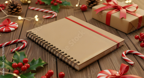 Christmas composition with notebook gifts candy canes and festive decorations on wooden surface