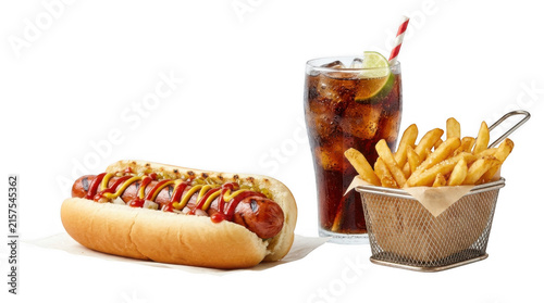 Obraz na płótnie Tasty hot dog with french fries and a glass of refreshing cold soda isolated on