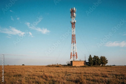 Communication tower with antennas stands in a dry grassy field under a blue sky with clouds. A small brick building sits at its base, surrounded by a few trees.