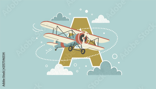 Creative alphabet letter A illustration featuring a retro red and white biplane flying through soft white clouds.