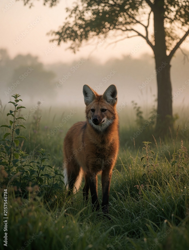 Naklejka premium Maned wolf stands in misty meadow at sunrise. This long-legged canine has reddish-brown fur and large ears, looking towards viewer. Foggy atmosphere surrounds the solitary animal.