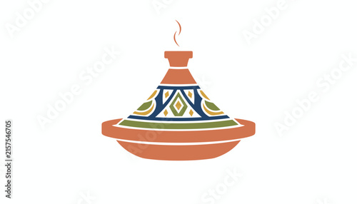 Traditional Moroccan tajine clay pot with an authentic colorful ornament and steam rising isolated on white background.