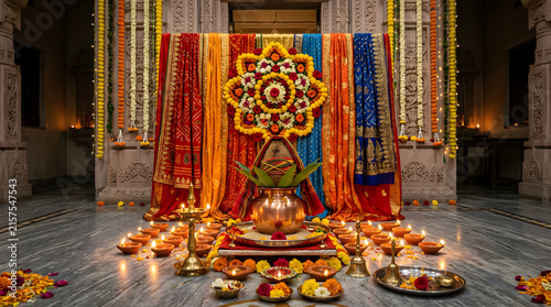 Hindu prayer altar with kalash and glowing oil lamps.