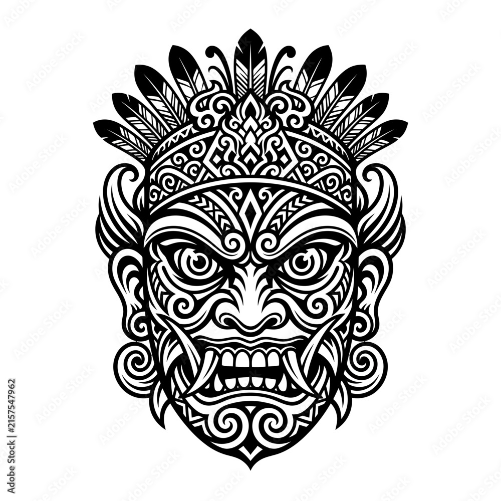 Fototapeta premium Tribal Mask Tattoo Design with Feathers and Ornate Details