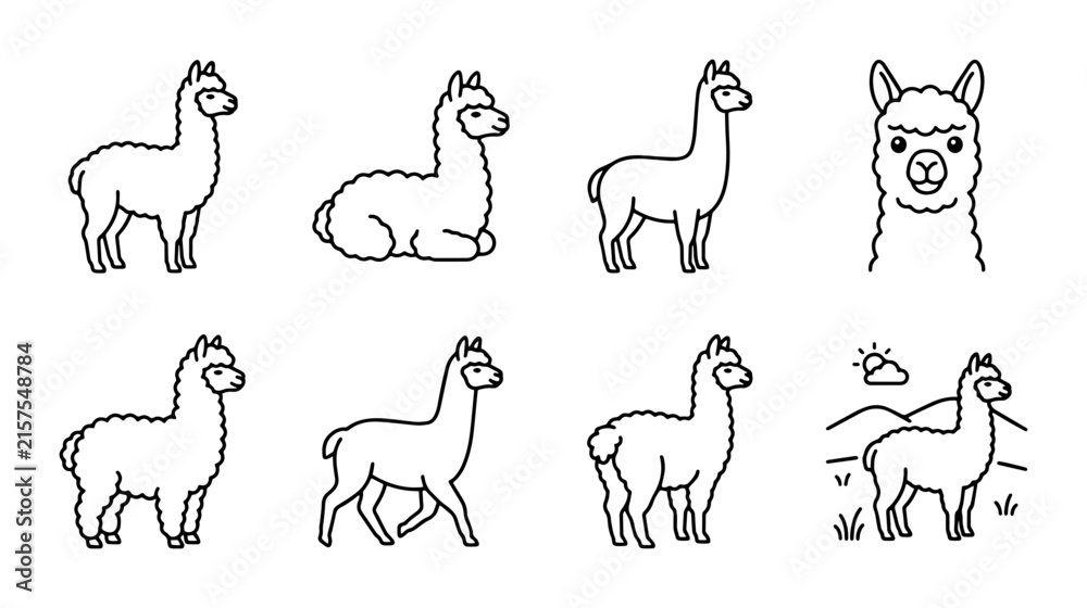 Naklejka premium Set of 8 Alpaca outline icon set animals, UI and web interface design