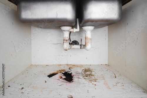 Home problems, Damaged water leak out from piping under sink in the kitchen