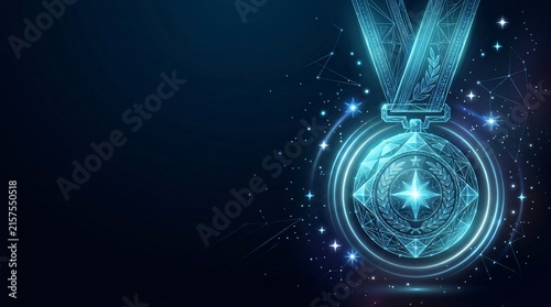 Digital glowing medal icon showing competition success achievement in blue cyber style with achievement graphics technology abstract illustration competition
