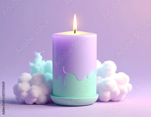 Pastel lavender and mint green candle with fluffy clouds.