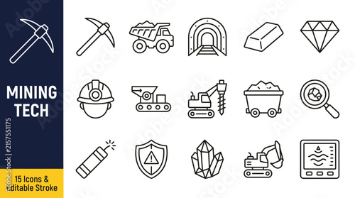 Modern mining technology vector icons set with equipment and industrial operations symbols