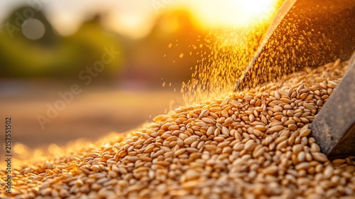 harvester. Golden wheat grains pouring from a harvester, forming a mound. menu design, packaging mockups, designed for culinary blogs and recipe cards for restaurants, used by event planners.