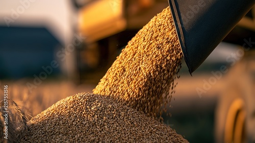 harvester. Golden wheat grains pouring from a harvester, forming a mound. menu design, packaging mockups, designed for culinary blogs and recipe cards for restaurants, used by event planners.