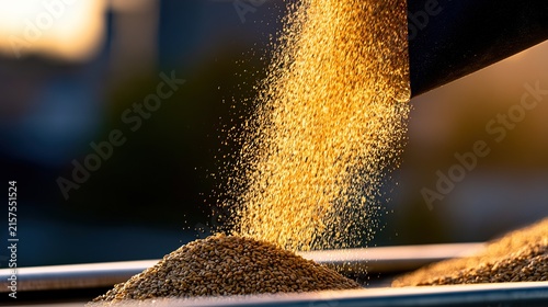 harvester. Golden wheat grains pouring from a harvester, forming a mound. menu design, packaging mockups, designed for culinary blogs and recipe cards for restaurants, used by event planners.