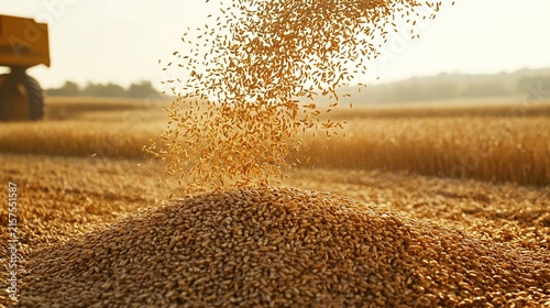 harvester. Golden wheat grains pouring from a harvester, forming a mound. menu design, packaging mockups, designed for culinary blogs and recipe cards for restaurants, used by event planners.