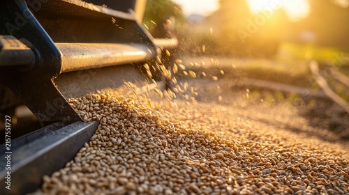 harvester. Golden wheat grains pouring from a harvester, forming a mound. menu design, packaging mockups, designed for culinary blogs and recipe cards for restaurants, used by event planners.