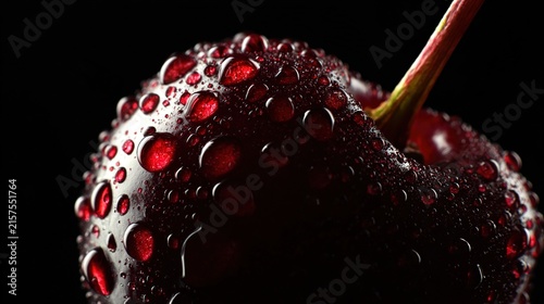 cherry. Juicy cherry close-up with water droplets, showcasing rich color and freshness. menu design, packaging mockups, designed for culinary blogs and recipe cards for restaurants.