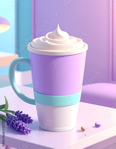 Pastel Lavender Mug with Whipped Cream Topping and Lavender Flowers.