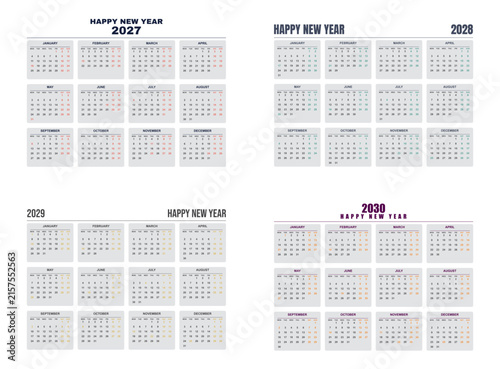 Four year printable wall calendar layout featuring annual monthly grids for twenty twenty seven through twenty thirty planning resources with professional document format