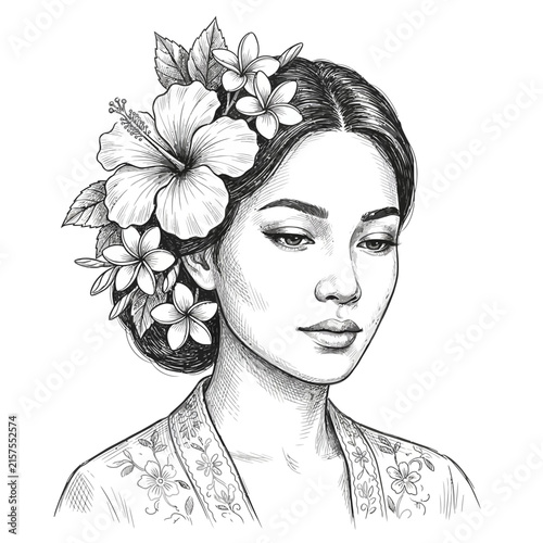 Young Woman with Flowers in Hair, Sketch Style Portrait