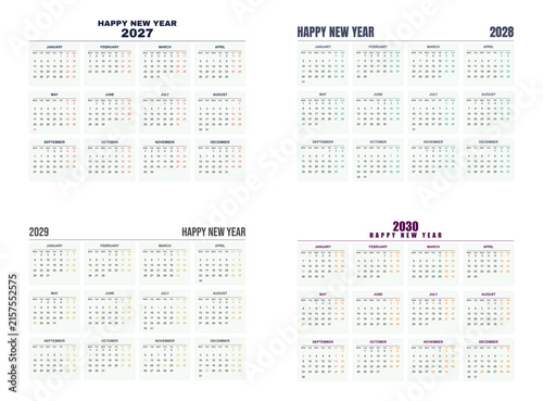 Minimalist horizontal four year calendar template covering 2027 through 2030 featuring clean typography and organized monthly grids for professional planning