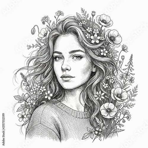 Young woman with flowers in hair, sketch style, beauty portrait