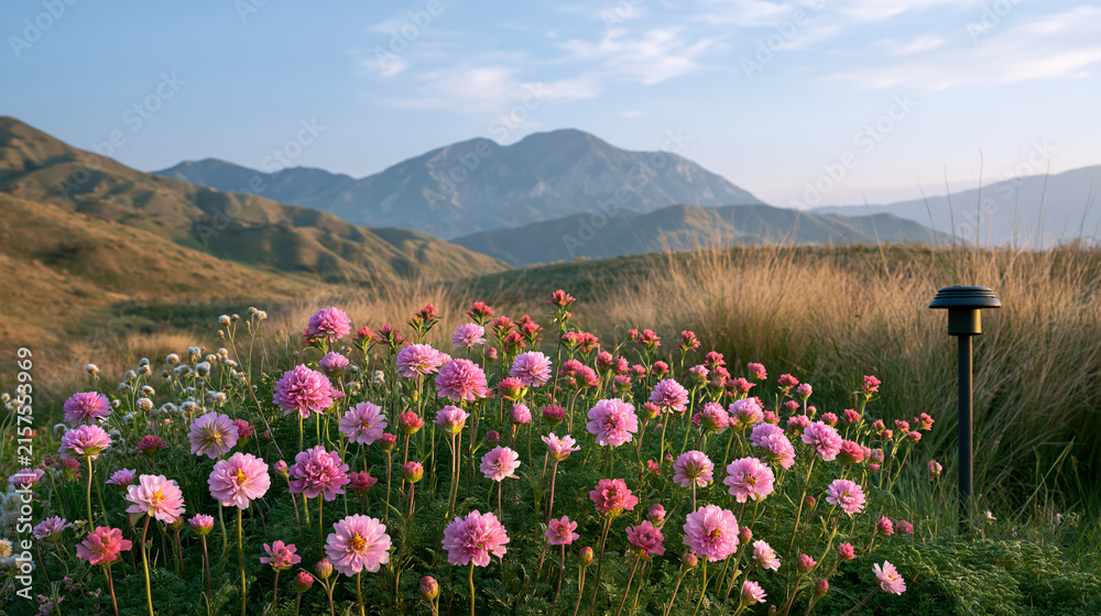 Fototapeta premium Alpine wildflowers blooming near a small monitoring station with mountain background showcasing plant phenology and climate adaptation