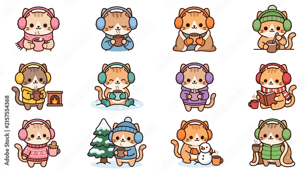 Obraz premium Cozy winter cat characters with earmuffs and hot cocoa.