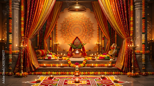 Hindu temple altar with drapes and floral decorations.