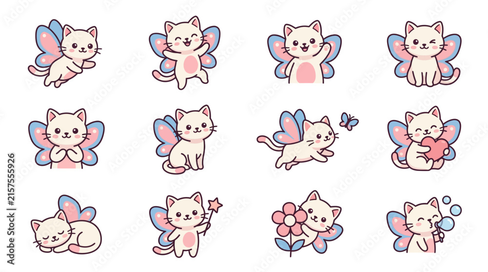 Fototapeta premium Pink fairy cat stickers with wings and magic wands.