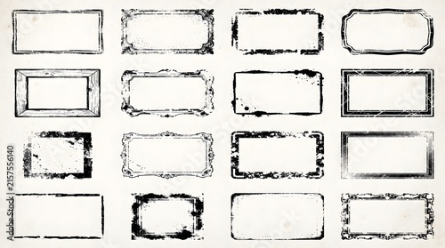 Collection of assorted vintage rubber stamp frame borders on textured paper