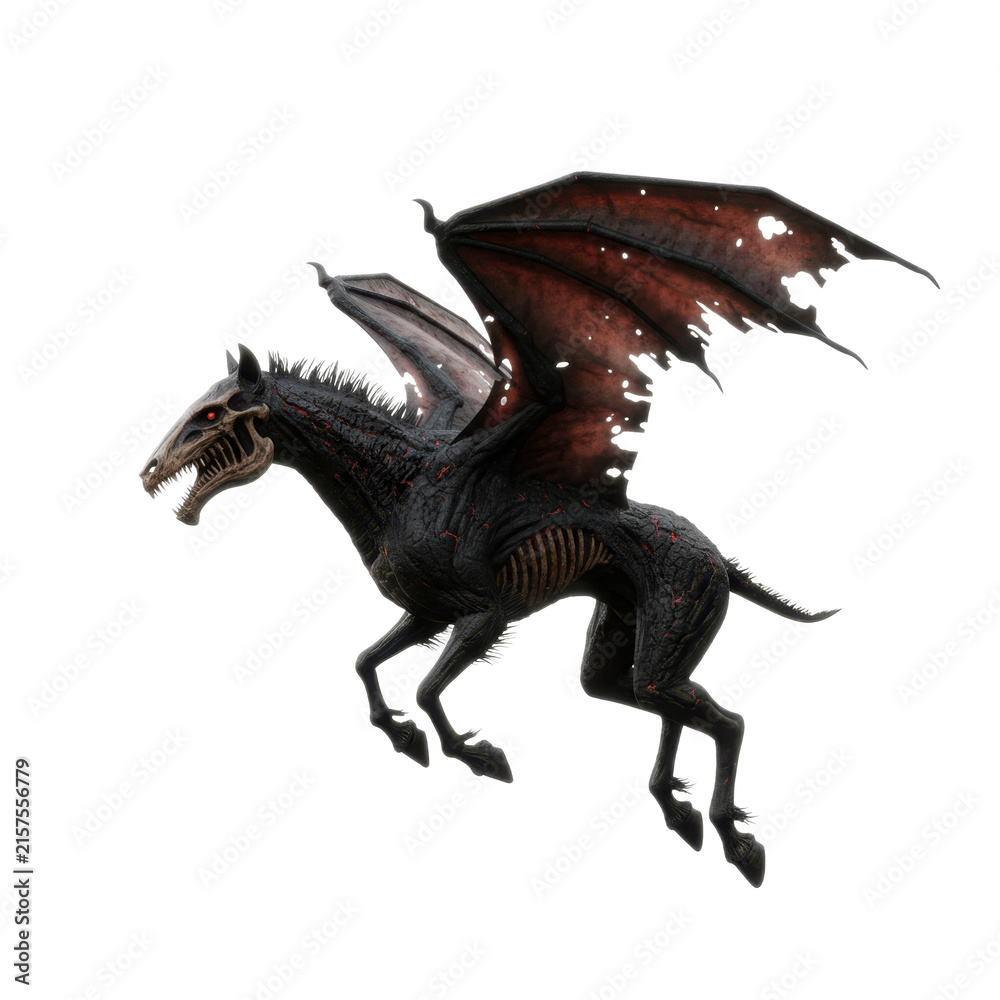 Fototapeta premium Dark Skeletal Winged Horse Creature in Flight