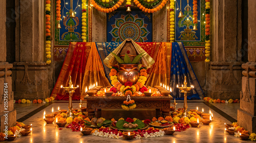 Hindu temple altar with lamps and sacred kalash.