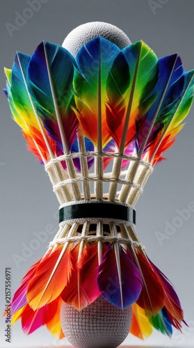 Colorful shuttlecock with rainbow feathers detailed closeup. Badminton birdy features vibrant feather design on plain background. Sporting equipment object abstract art.