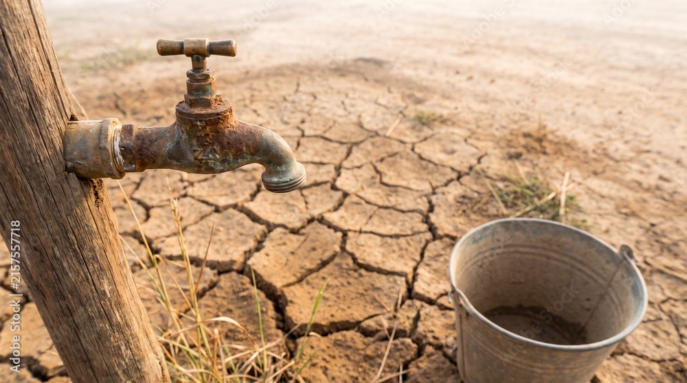Naklejka premium Single Weathered Outdoor Water Tap Standing Above Deeply Cracked Dry Soil, No Water Flowing From the Faucet, Concept of Shortage of Water, Drought, Scarcity, Conservation, and Environmental Awareness