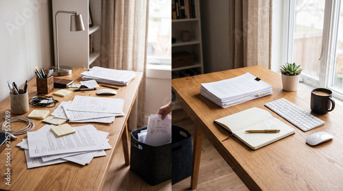 Home office desk being sorted and simplified during a decluttering session