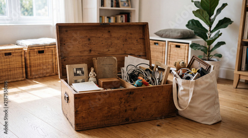 Household belongings being sorted from an old storage box during decluttering