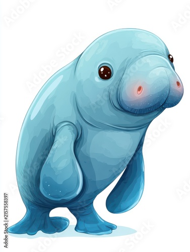 Cute Blue Manatee Cartoon Character Standing In A White Background Minimalist Style Digital Art