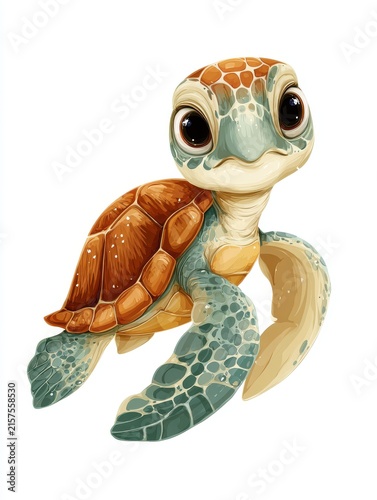 Cute Cartoon Sea Turtle Illustration With Large Expressive Eyes Isolated On White Background