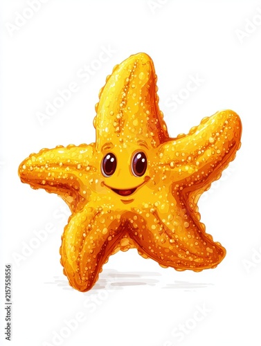 Cute Cartoon Yellow Starfish Character With Smiling Face Isolated On A Clean White Background