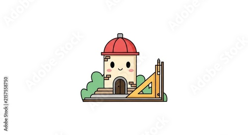 Cartoon house with red roof smiling.
