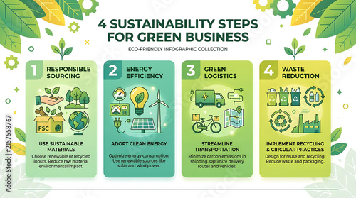 4 Sustainability Steps for Green Business: An infographic detailing four crucial steps towards building a sustainable and eco-friendly business model: responsible sourcing, energy efficiency.