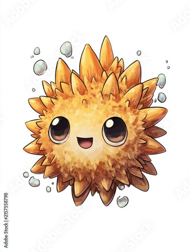 Cute Spiky Orange Fictional Creature With Large Black Eyes Floating On A Plain White Background
