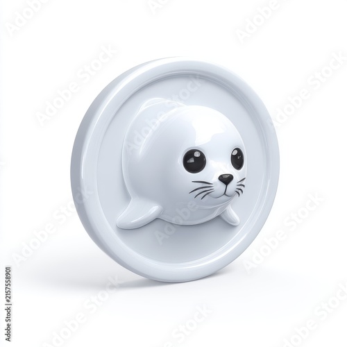 Cute White Seal Pup Relief On A Round Glossy Coin Isolated On White Background 3D Render