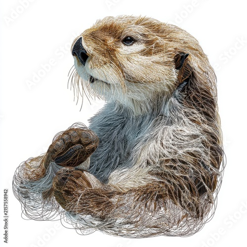 Detailed Pointillism Illustration Of A Cute Brown Sea Otter Isolated On A Clean White Background