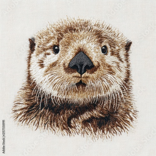 Detailed Textured Weave Portrait Of A Brown Sea Otter Face Against A Neutral Woven Fabric Background