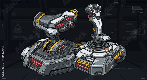 Futuristic gaming joysticks, pixel art style, science fiction theme