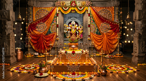 Hindu temple interior with decorated shrine and deity.