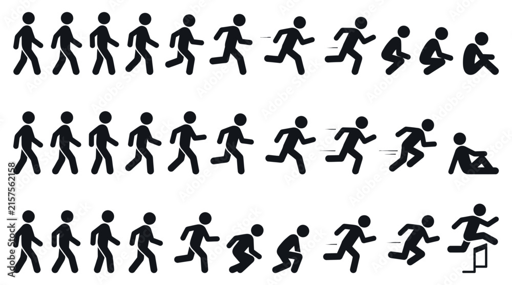 Obraz premium Stick figure movement animation set featuring various actions like walking running sitting and jumping vector design
