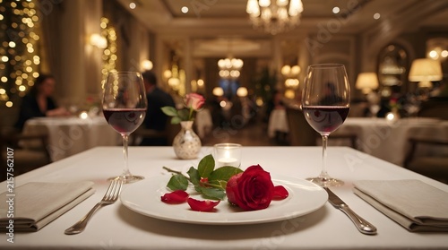 Romantic dinner table setting with red rose and wine glasses in a luxury restaurant.