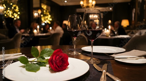 Romantic dinner table setting with red rose and wine glasses in a luxury restaurant