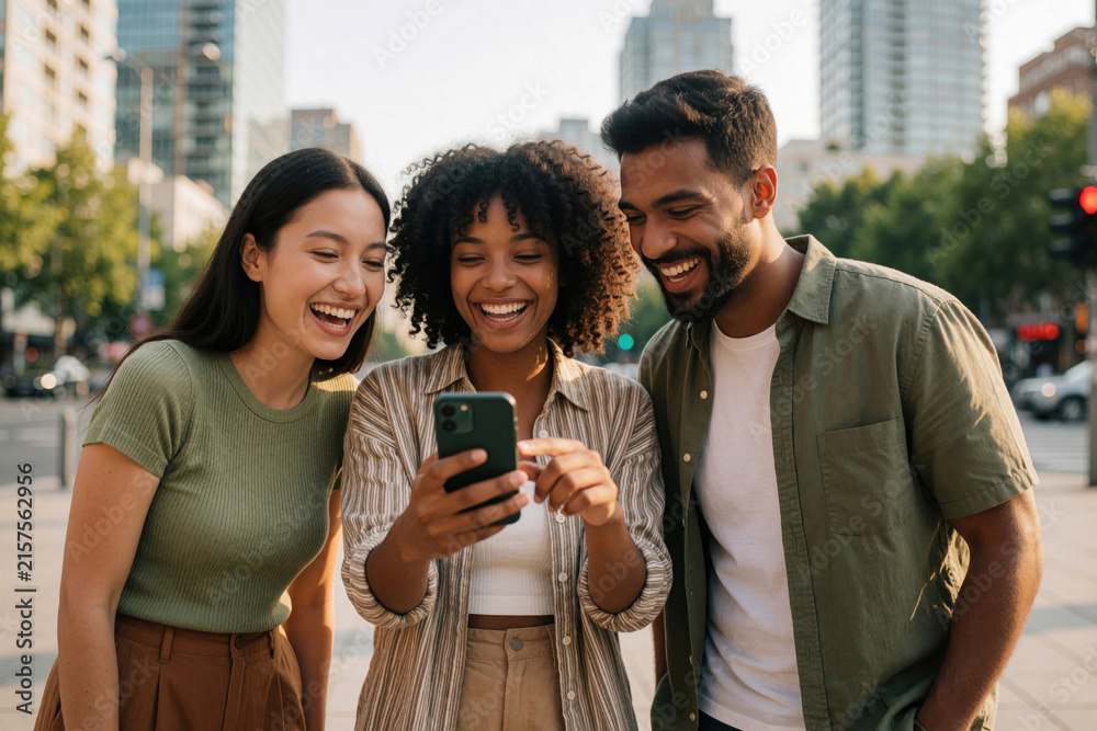 Obraz premium Three diverse young friends laugh together looking at smartphone screen outdoors. Happy group of multiracial people uses mobile device in city street during summer. Cheerful man, women enjoy social